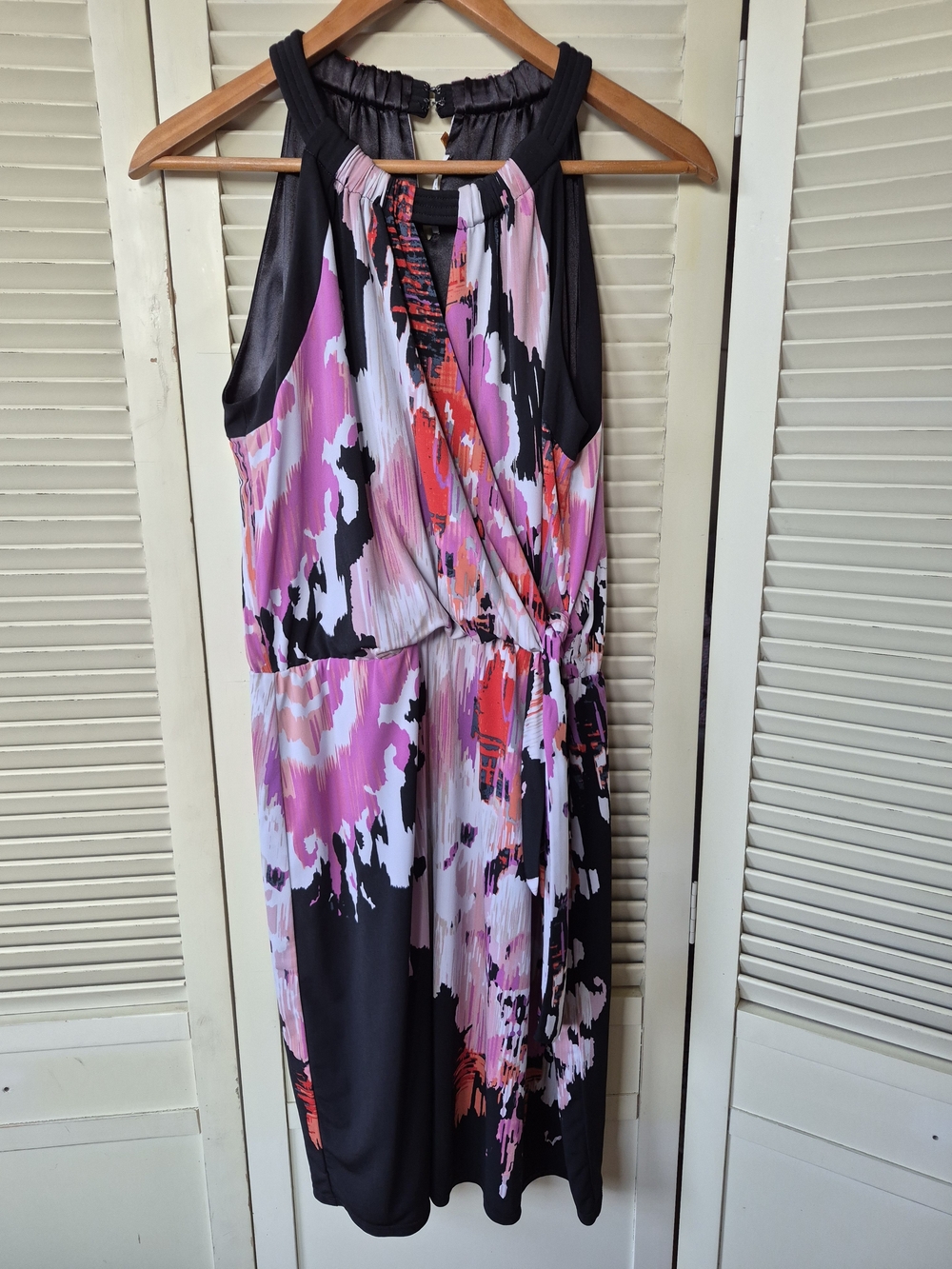 T Tahari Pink And Black Faux Wrap Halter Dress Size Medium